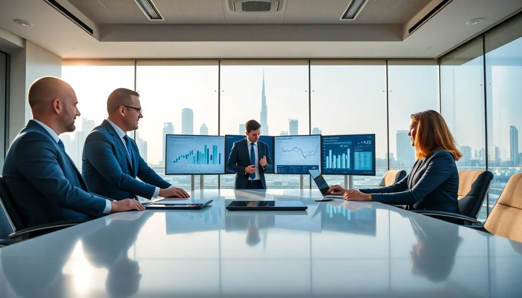 Engaged Business Consultants in Dubai collaborating in a modern office setting.