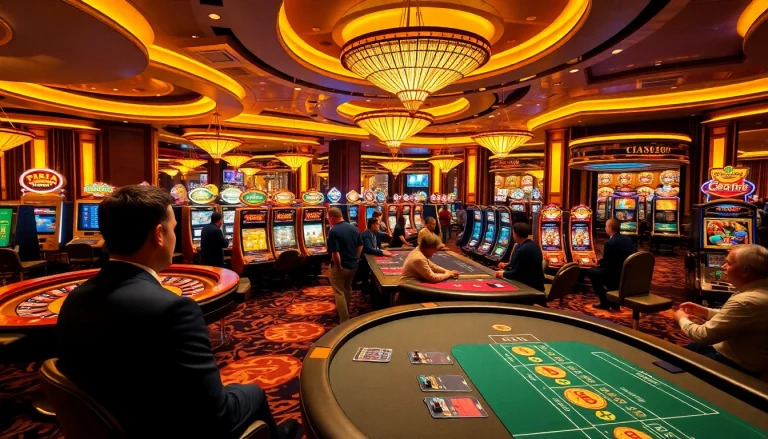 Exciting gaming atmosphere at XX88.pizza featuring vibrant casino tables and enthusiastic players.