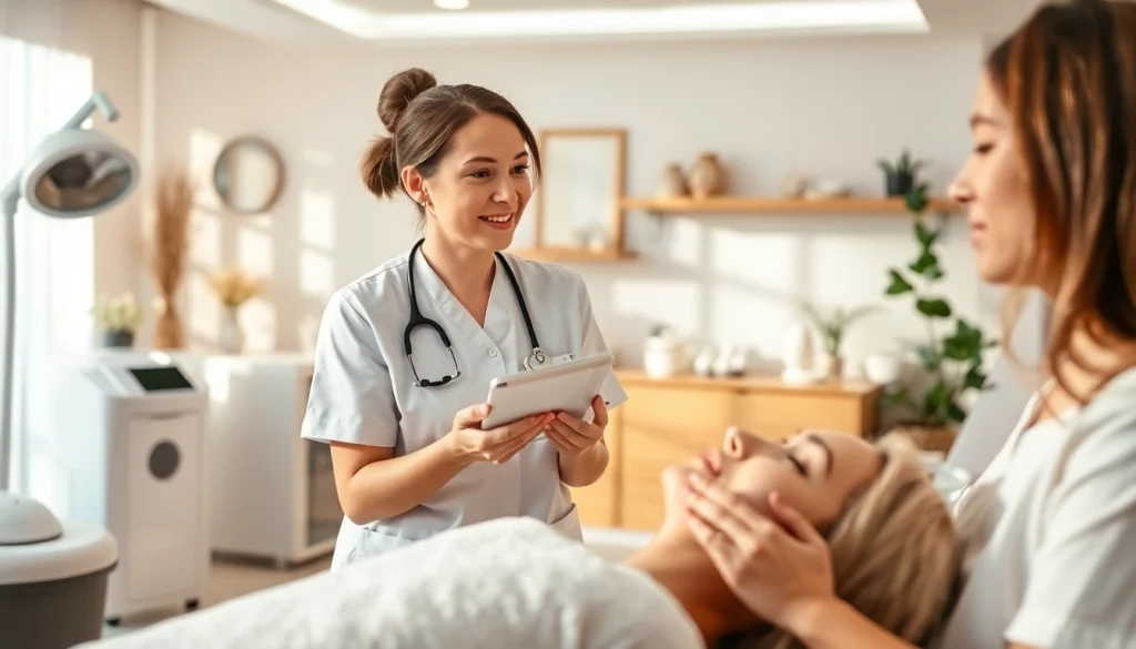 Aesthetic care in Nyack featured in a serene med spa with professionals guiding clients.