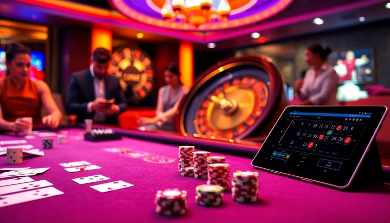 Players enjoying an exciting online gambling experience at https://jun88ld.com/, featuring cards and a roulette wheel.