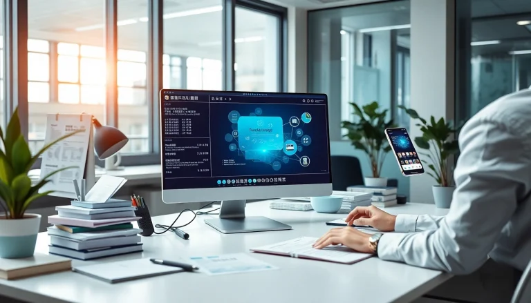 Innovative office scene showcasing the 有道翻译下载 tool, promoting seamless translation and productivity.