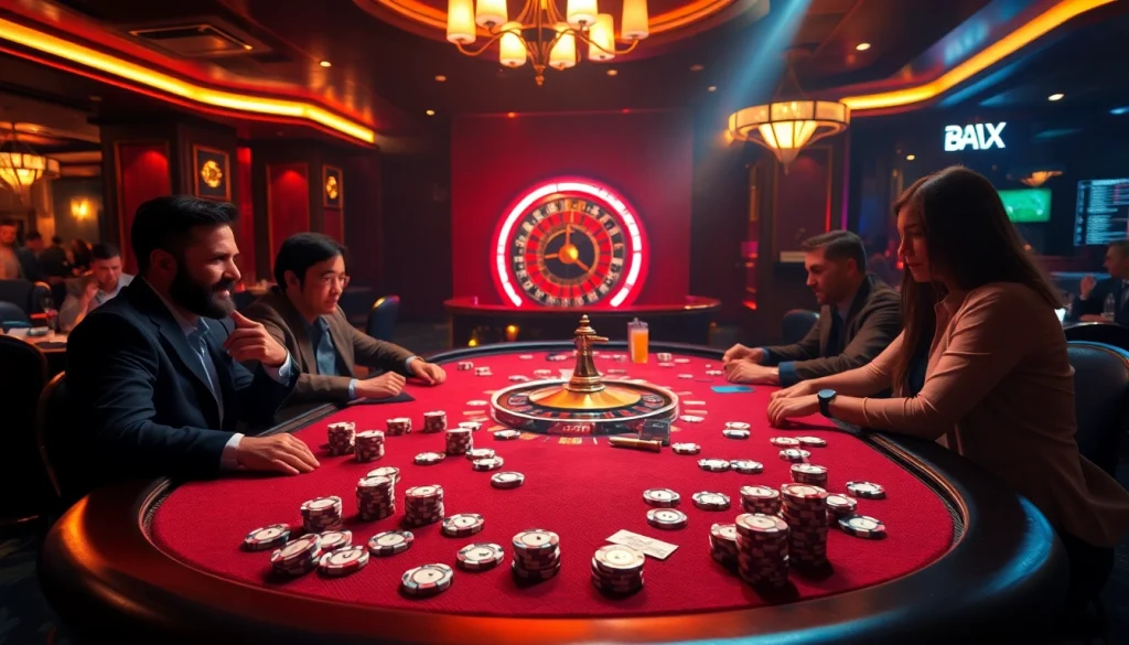 Engaged players at a poker table showcase the thrill of gaming at https://789winjj.com/, with colorful chips and vibrant casino lights.