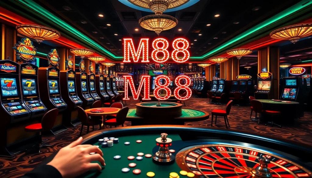 M88 casino sign lights up as players enjoy engaging games, including slots and poker.