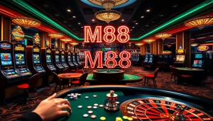 M88 casino sign lights up as players enjoy engaging games, including slots and poker.