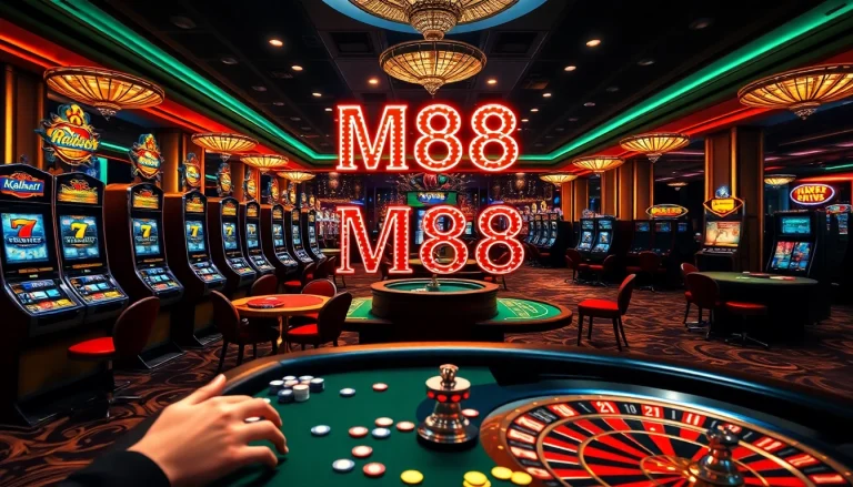 M88 casino sign lights up as players enjoy engaging games, including slots and poker.