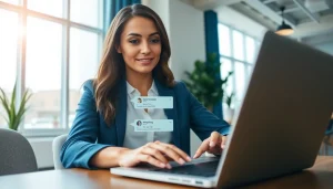 Engaging businesswoman optimizing interactions with WhatsApp Business CRM on laptop.