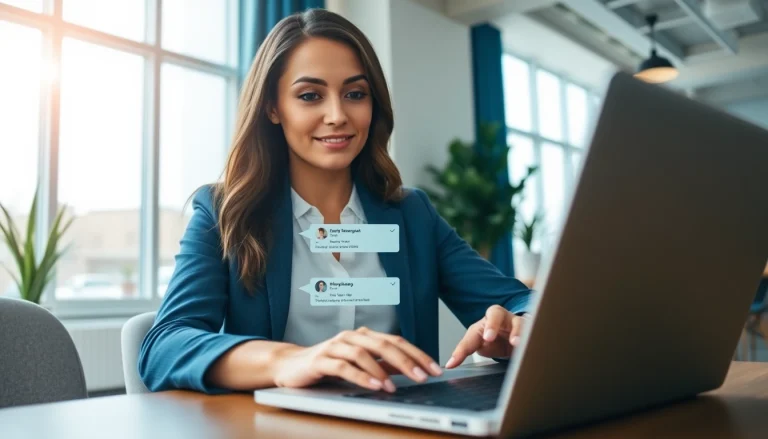 Engaging businesswoman optimizing interactions with WhatsApp Business CRM on laptop.