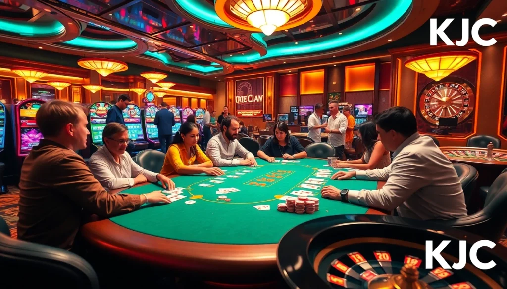KJC players engage in a thrilling poker game amidst elegant casino decor.