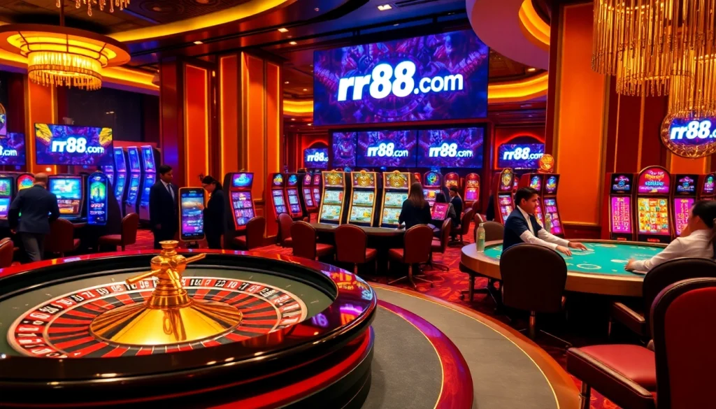 Experience the thrill of gaming at rr88.com with elegant casino tables and vibrant slot machines.