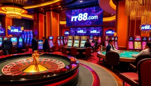 Experience the thrill of gaming at rr88.com with elegant casino tables and vibrant slot machines.
