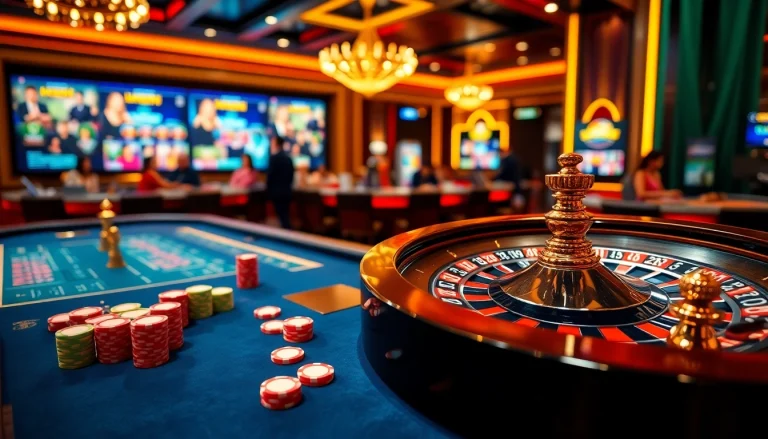 REGISTER at a luxurious casino table, featuring poker chips and a roulette wheel.