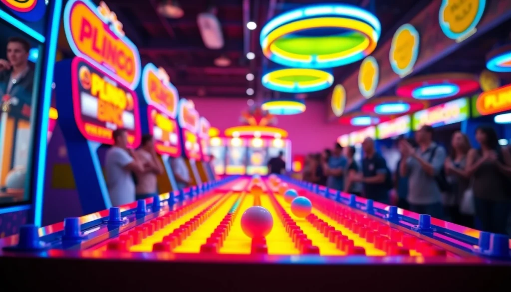 Permainan demo plinko yang menarik dengan bola yang jatuh dan suasana arcade.