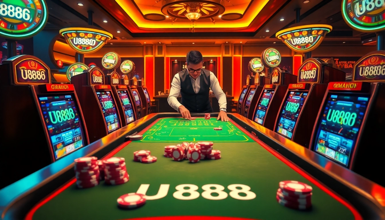 Experience the thrill of U8888 with players actively engaging at a luxurious casino table full of excitement.