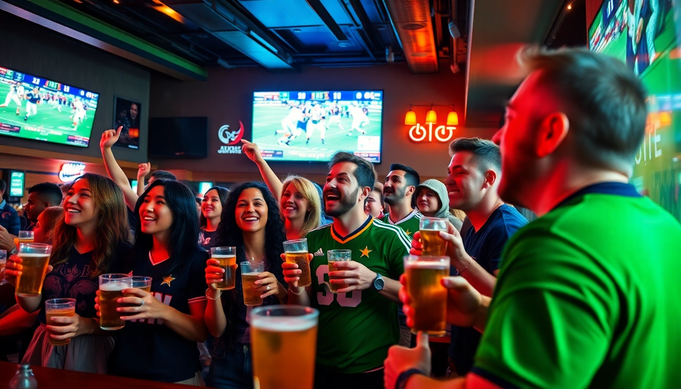 Engaging atmosphere showcasing online sportsbooks Texas where fans celebrate victories in a sports bar setting.