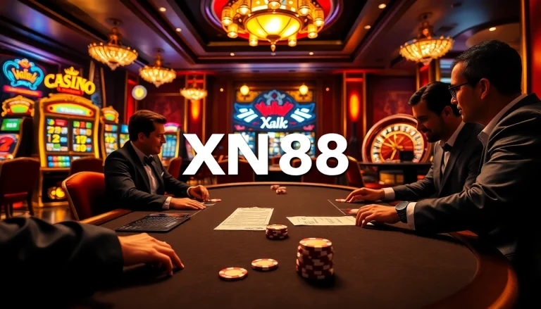 Players strategize at a high-stakes poker table in a luxurious XN88 casino atmosphere.
