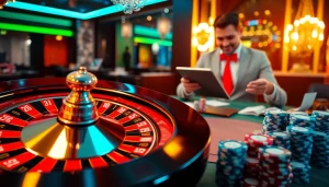 Experience the thrill of placing bets with link vào lc88 at a luxurious casino, showcasing roulette and poker chips.