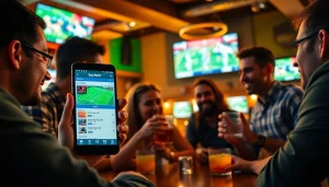 Engaged group enjoying online sportsbooks California on smartphones in a vibrant sports bar atmosphere.