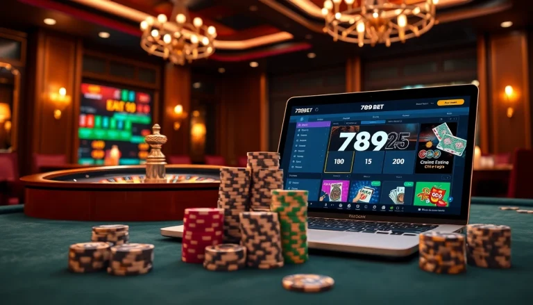 Engaging online gambling scene showcasing đăng nhập 789BET feature with poker chips and roulette.
