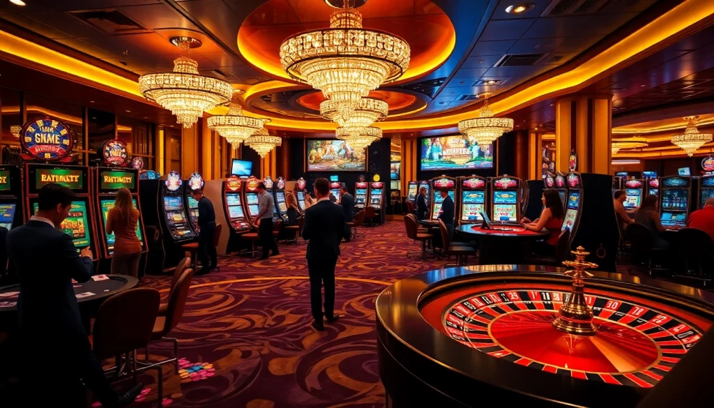 Experience the thrill of gambling in a luxurious Rio casino setting with vibrant slot machines and roulette wheels.