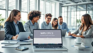 Diverse professionals collaborating in a modern office using WPS官网下载 for enhanced productivity.