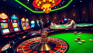 A vibrant casino scene showcasing high-stakes action at https://marvelbet.site/ with roulette, poker, and slot machines.