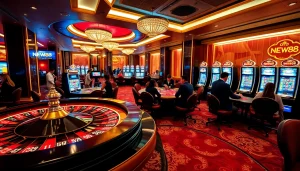 Experience the excitement of gambling at NEW88's luxurious casino with vibrant tables and slot machines.