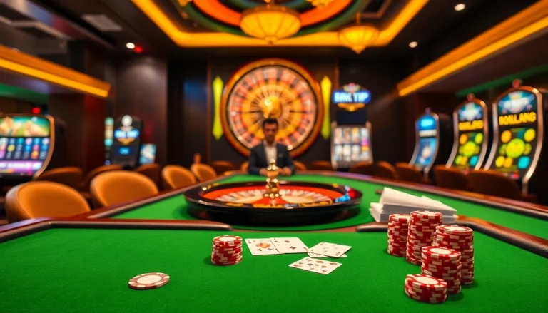 Experience thrilling gaming at Rikvip's vibrant casino tables featuring poker chips and roulette.
