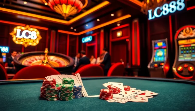 Experience high-stakes action at the LC 88 gaming table with vibrant colors and excited players.