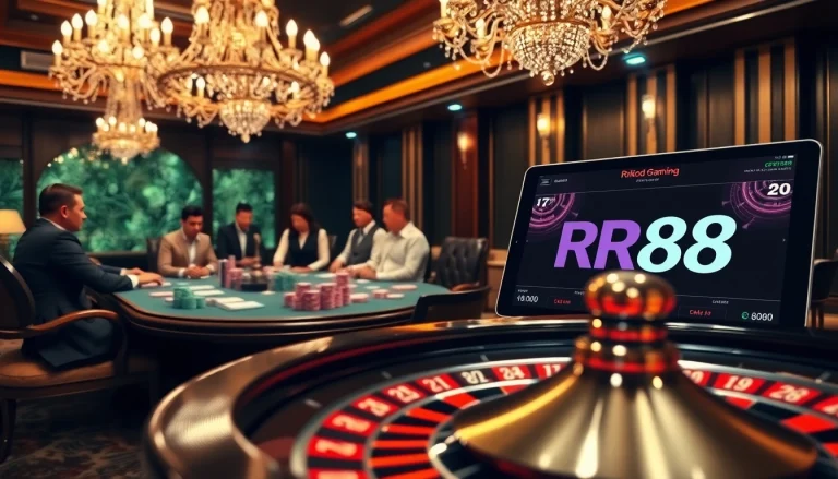 RR88 players enjoying a thrilling poker game at a luxurious casino with vibrant chips and a roulette wheel.