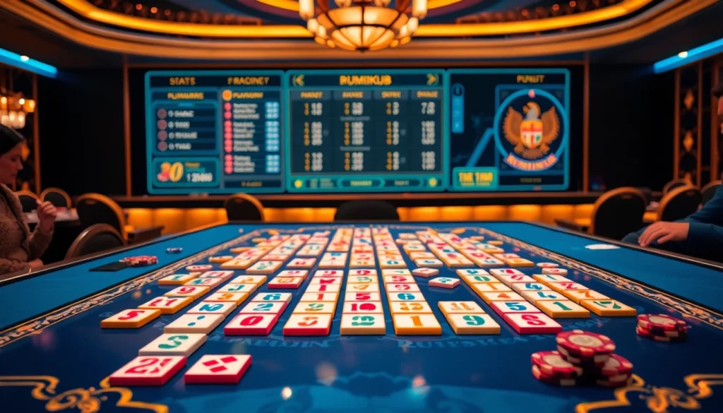 Engaged players enjoying רמיקוב אונליין at a stylish casino table with vibrant tiles and stats.