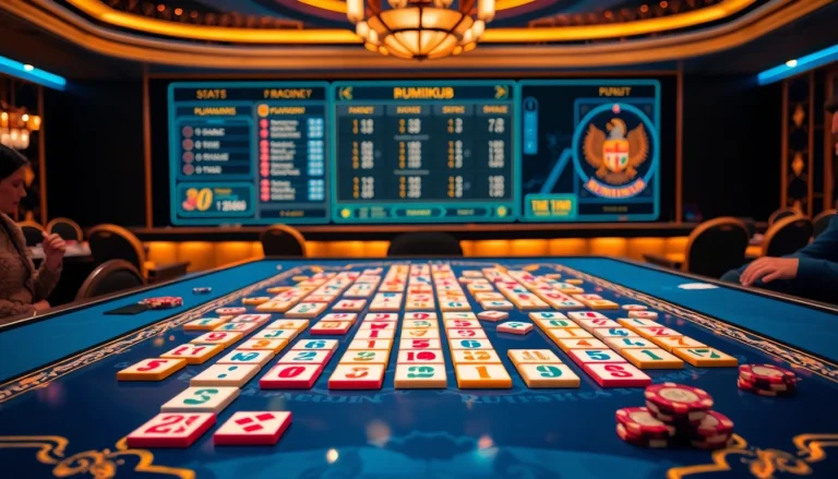 Engaged players enjoying רמיקוב אונליין at a stylish casino table with vibrant tiles and stats.