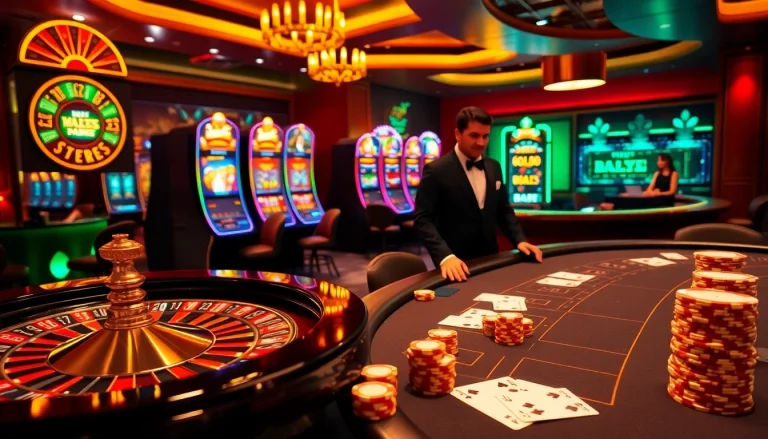Experience the thrill of winning at https://f8bet.ventures/ with a sophisticated casino scene filled with roulette wheels and blackjack tables.