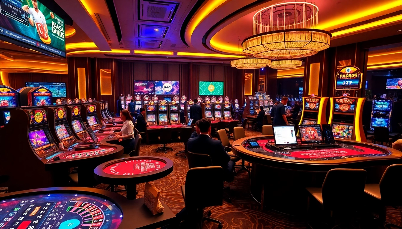 Experience the excitement of nhà cái PS99 with professional casino gaming tables and vibrant slot machines.