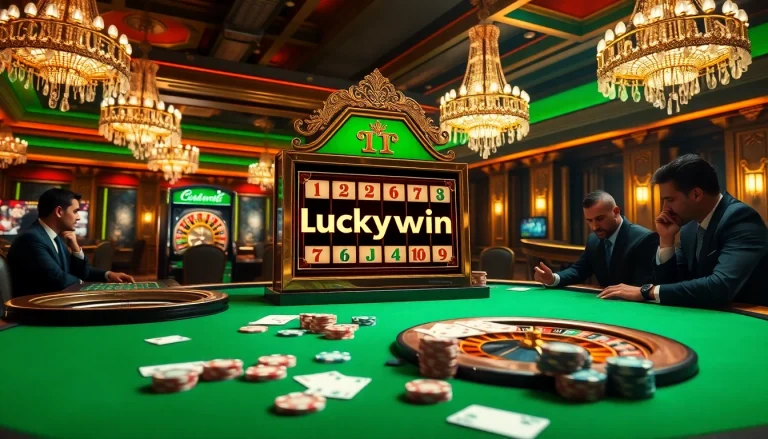 Experience thrilling gaming at Luckywin casino with vibrant slot machines and poker action.