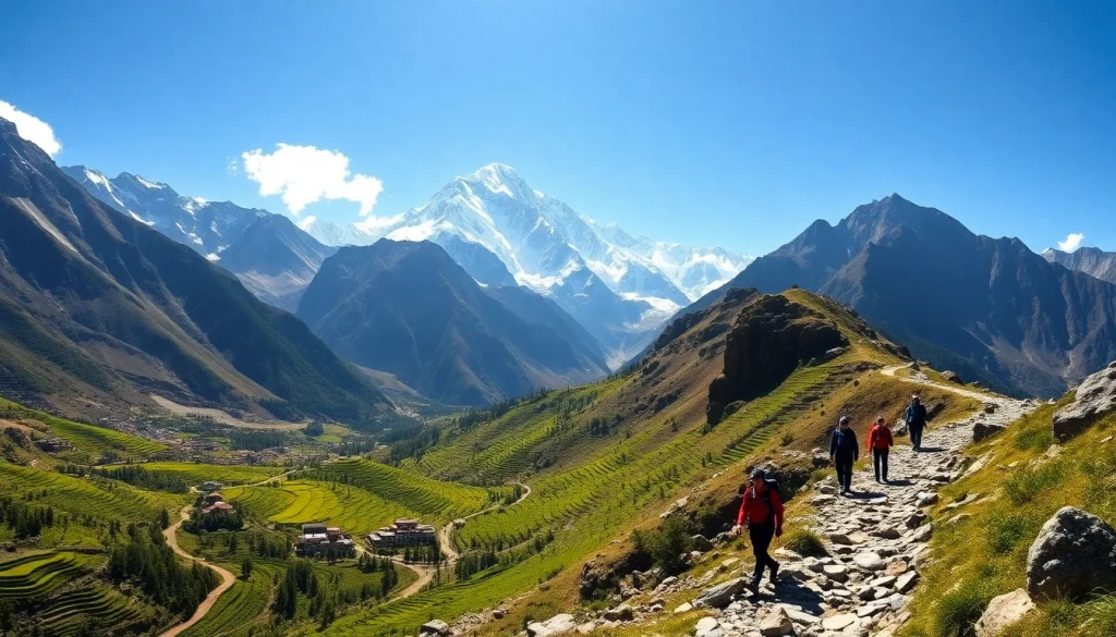 Manaslu Circuit trek showcasing stunning peaks, vibrant valleys, and adventurous hikers.