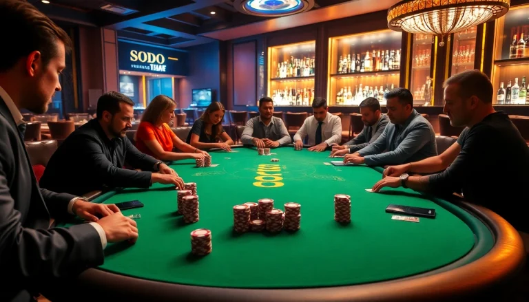 Players enjoying a thrilling game at a SODO casino poker table filled with vibrant chips and excitement.
