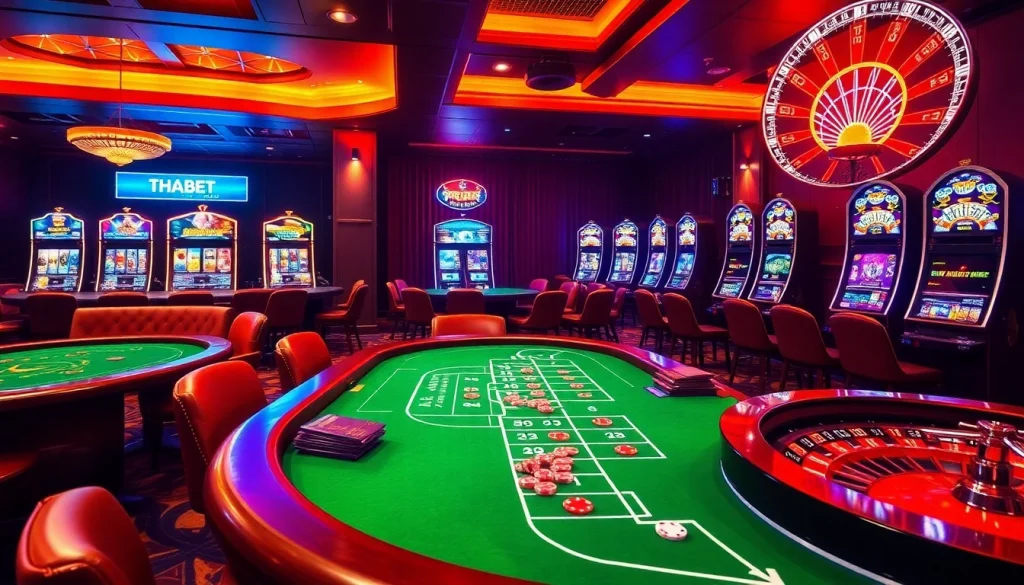 Players enjoying thrilling games at THABET casino with vibrant slot machines and elegant tables.