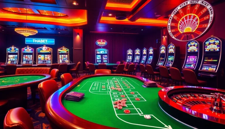 Players enjoying thrilling games at THABET casino with vibrant slot machines and elegant tables.