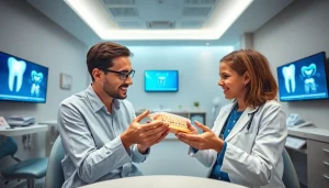 矯正歯科ケアを示すスペースで、親しみやすい矯正歯科医が治療オプションをデモンストレーションしている様子。矯正歯科を強調。