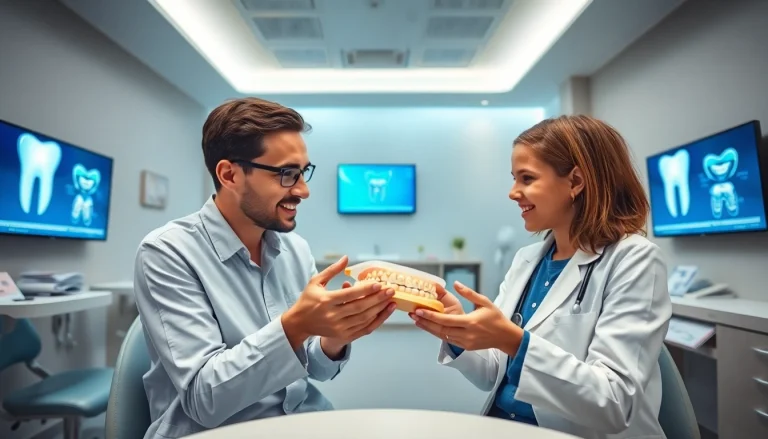 矯正歯科ケアを示すスペースで、親しみやすい矯正歯科医が治療オプションをデモンストレーションしている様子。矯正歯科を強調。