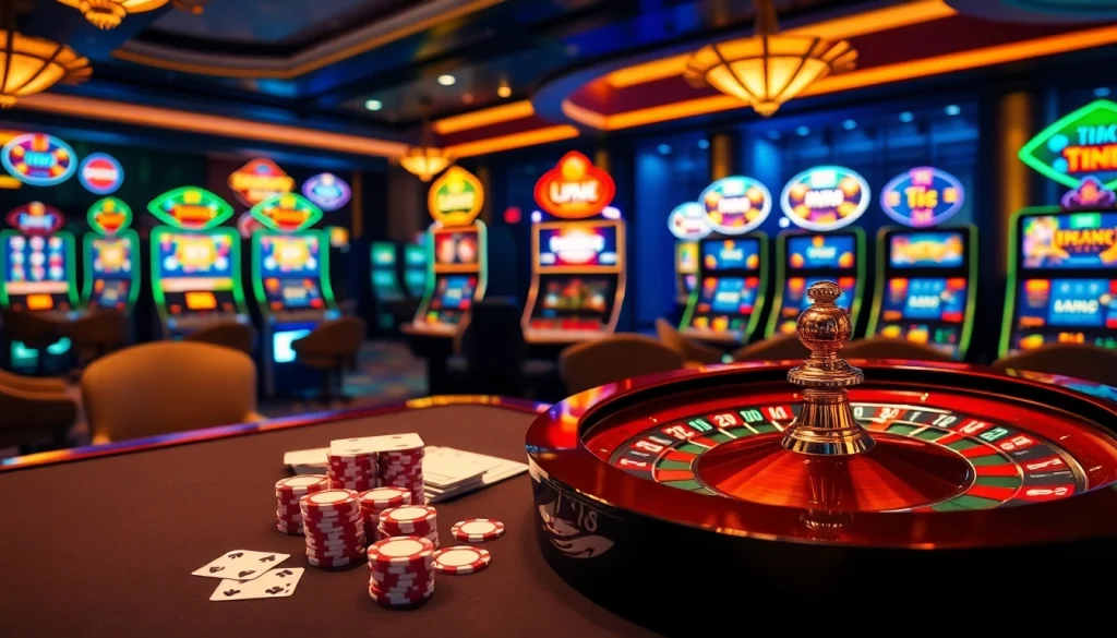 Trải nghiệm cảm giác chiến thắng tại LUCK8 trong một khu casino sôi động với chip poker và bàn roulette.