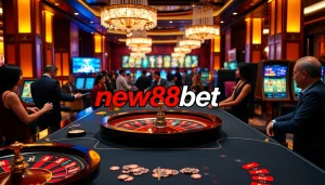 Players enjoying the exciting atmosphere of new88bet casino, featuring vibrant games and poker chips.
