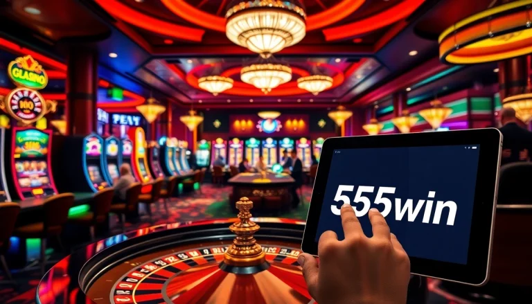 Exciting casino scene featuring players engaging with 555win slot machines and poker tables.