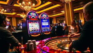 Experience excitement at slot777 login with a vibrant slot machine surrounded by casino elements.