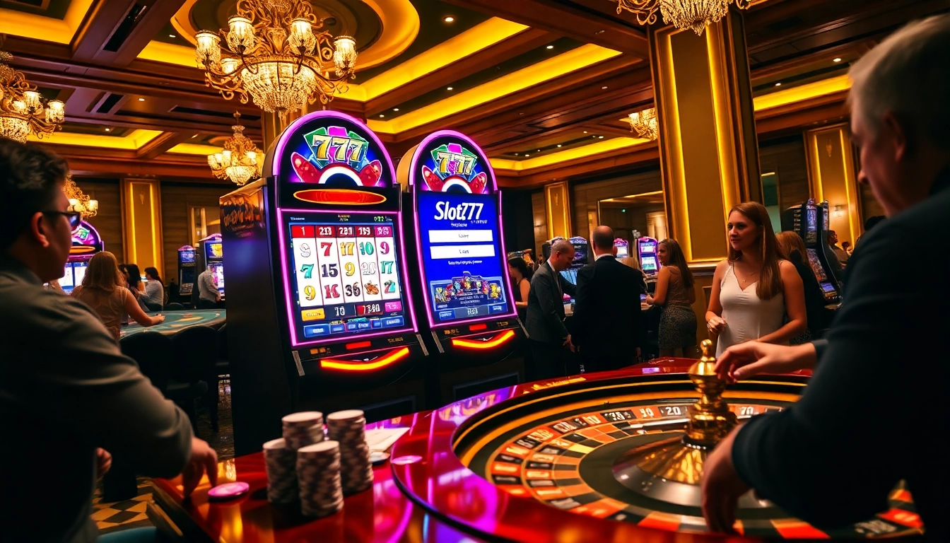 Experience excitement at slot777 login with a vibrant slot machine surrounded by casino elements.