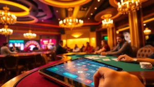 A vibrant poker game scene featuring 555win com, showcasing luxury and excitement with colorful chips and cards.