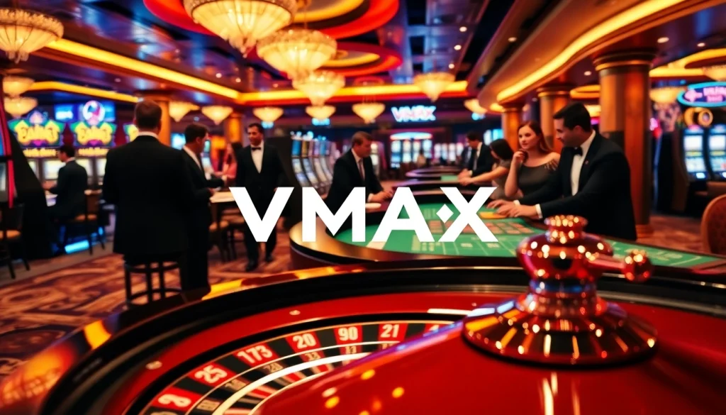 Engage in thrilling gambling action at VMAX, featuring roulette and slot machines in a luxury casino setting.