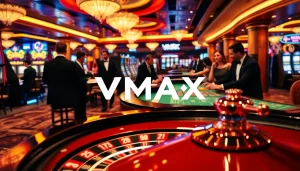 Engage in thrilling gambling action at VMAX, featuring roulette and slot machines in a luxury casino setting.