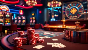 S8 casino scene with poker, roulette, and vibrant poker chips in a luxurious setting.