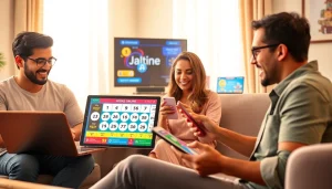 Excited players engaging with the Jalwa lottery online on various devices, showcasing fun and vibrant gameplay.